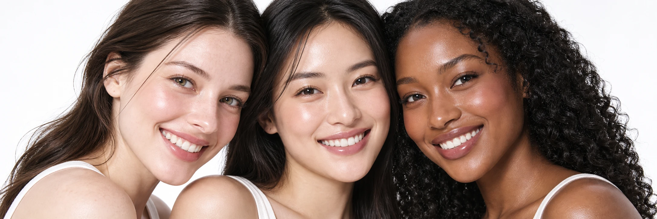 A diverse group of beauty models with natural skin and smiles against a bright background